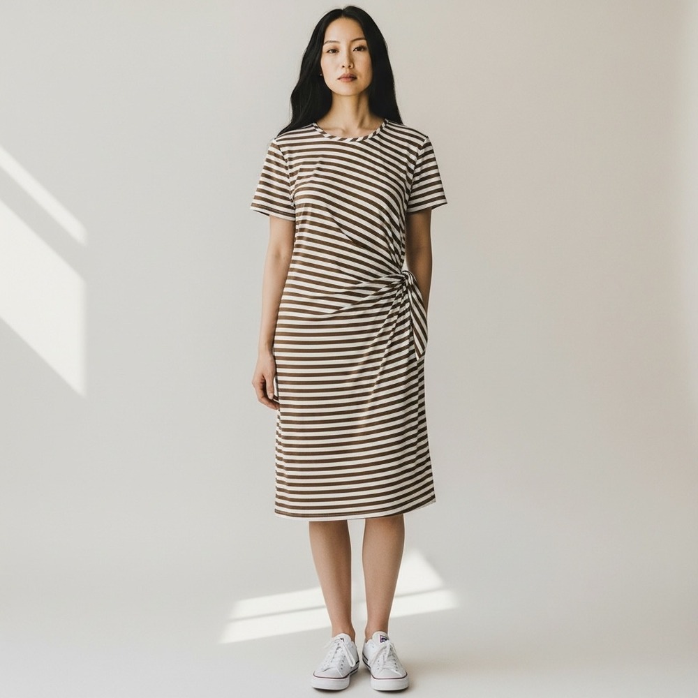 J McLAUGHLIN Striped Sheath Dress Sz M Brown Catalina Preppy Short Sleeve Office